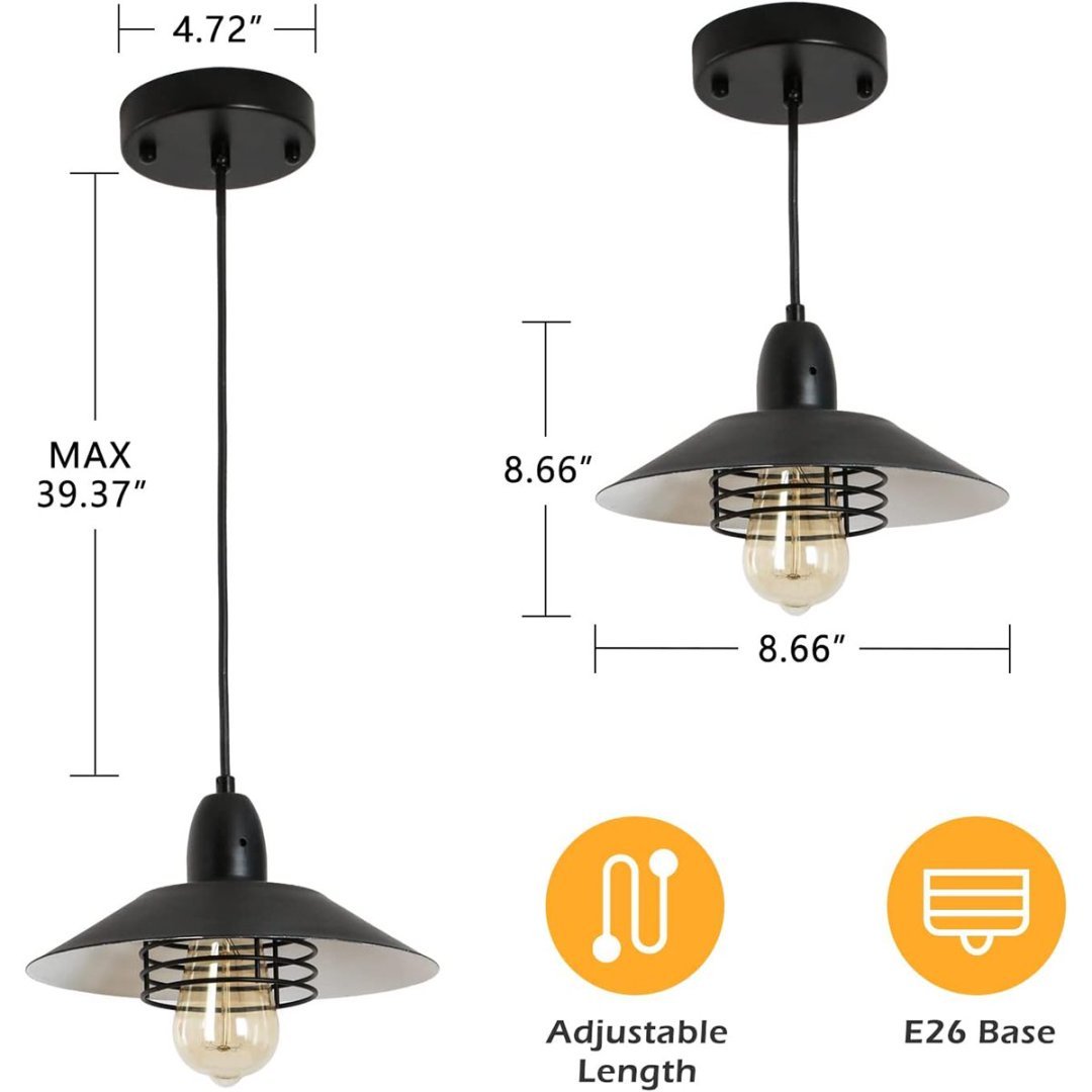 Farmhouse Vintage Pendant Light Black Fixture Pendant Lights With Spring Frame Adjustable Metal Hanging Lamp For Kitchen Island Dining Room Bedroom Living Room Barn Entryy,E26