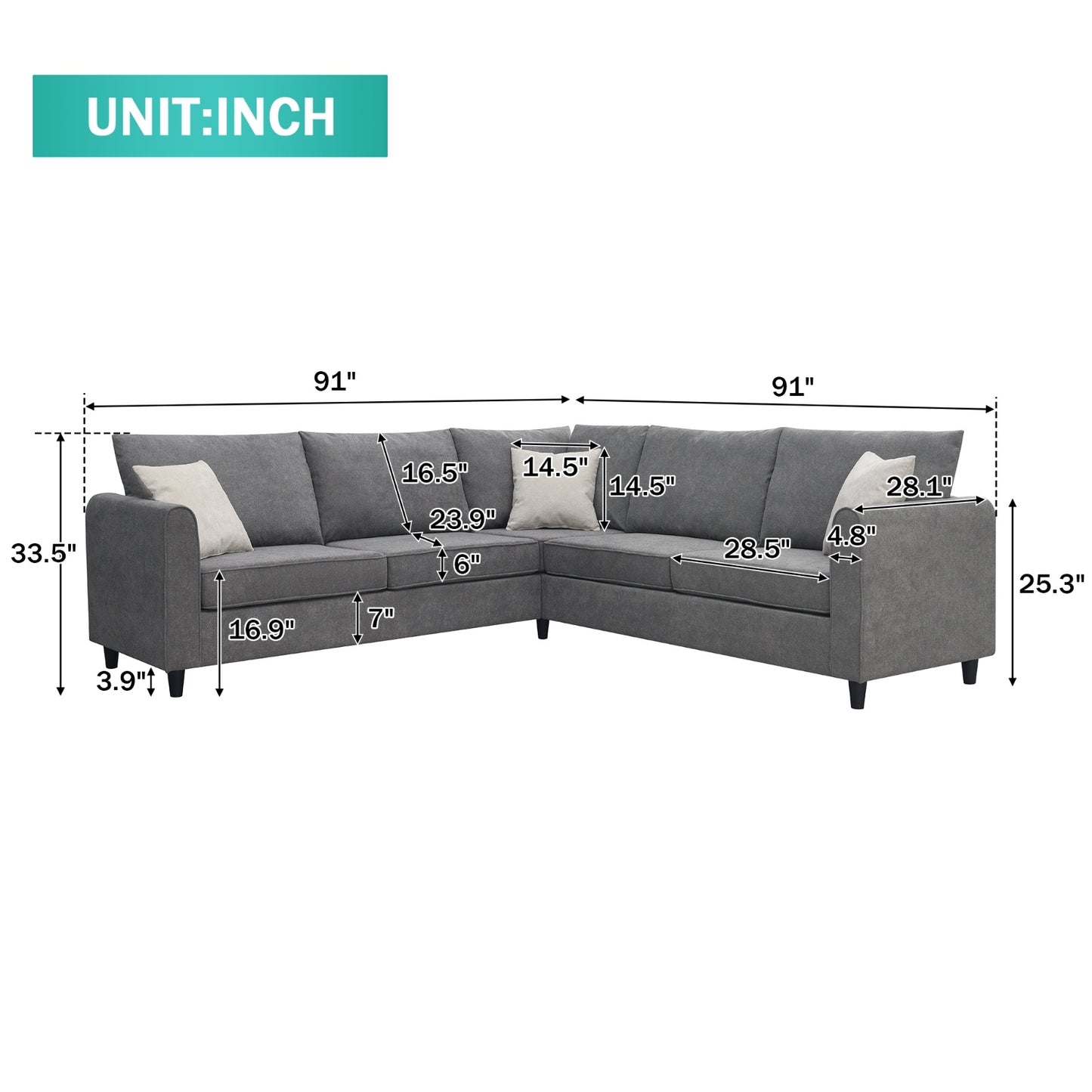 New 91 91 Modern L-Shape Sectional Sofa Upholstered Living Room Couch