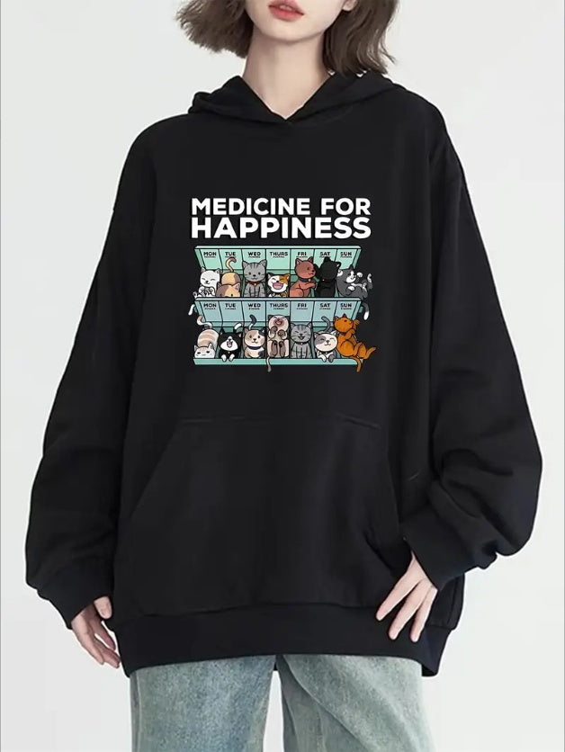 Cat Print Kangaroo Pocket Hoodie, Casual Long Sleeve Hoodies Sweatshirt, Women's Clothing