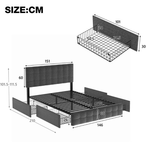 Linen Bed Frame 4 Drawers