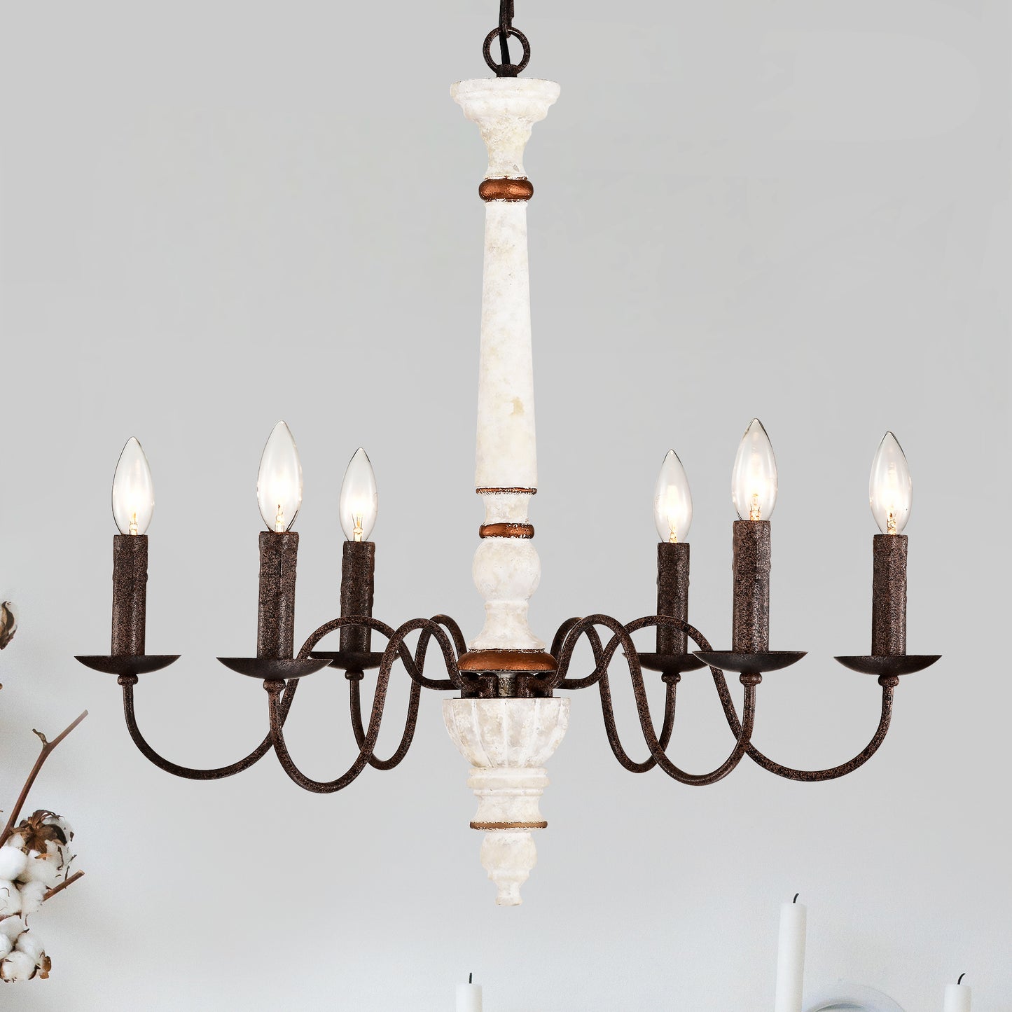 Retro White And Rust Color Chandelier With Light Fixture 6 Light E12 NO Include Bulb Pendant Light Fixtures For Dining Room, Lobby, Kitchen, Bedroom, Living Room, Conference Room, Home Office