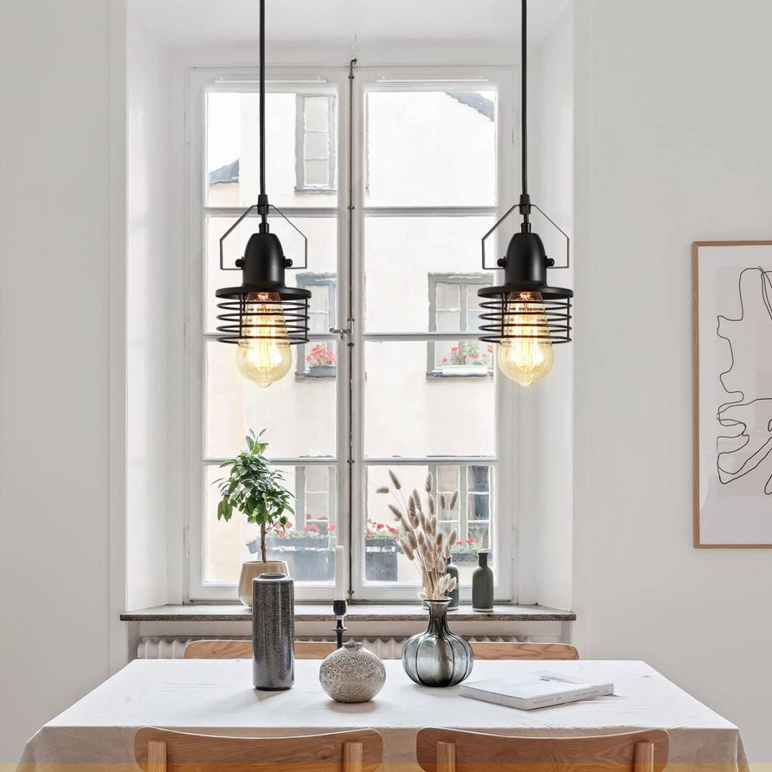 Industrial Black Pendant Light Metal Cage Pendant Lights Dining Room Hanging Lighting For Kitchen Island Living Room Bedroom Entryy Barn Farmhouse,Spring Shade,E26 Bulb1 Light