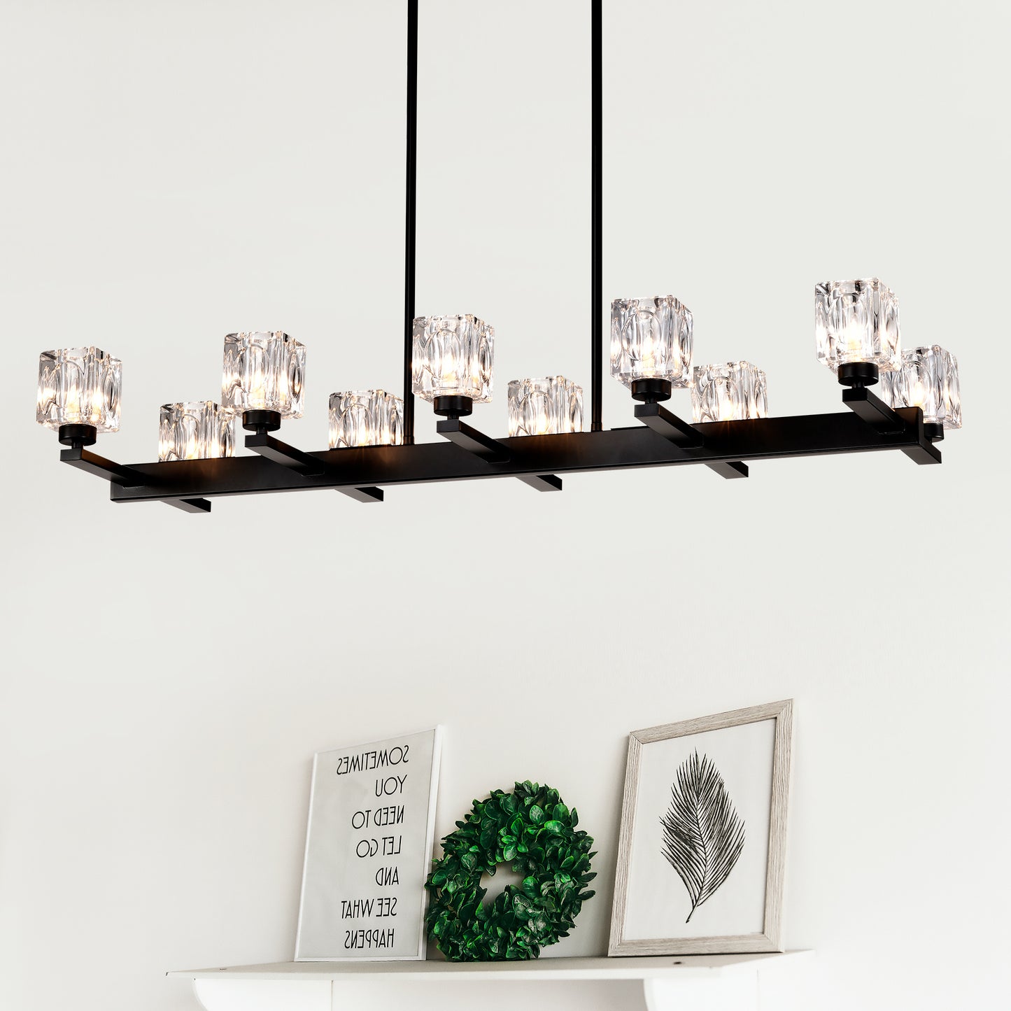 Chandelier For Dining Room, 10-Light Black Farmhouse Linear Pendant Light Fixture, Modern Crystal Hanging Lighting Chandelier For Kitchen Island, Bar, Long Table, G9 Bulb
