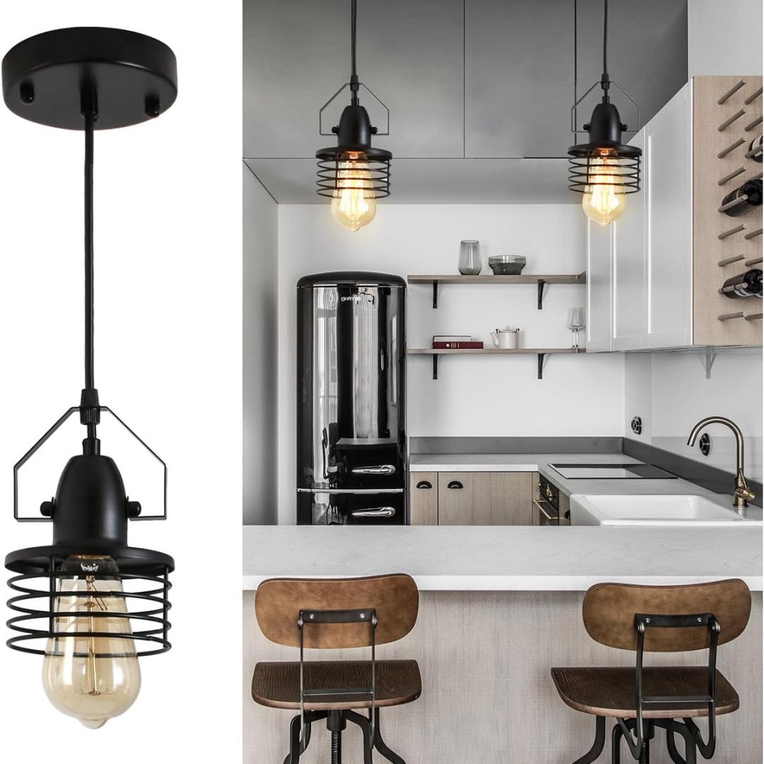 Industrial Black Pendant Light Metal Cage Pendant Lights Dining Room Hanging Lighting For Kitchen Island Living Room Bedroom Entryy Barn Farmhouse,Spring Shade,E26 Bulb1 Light