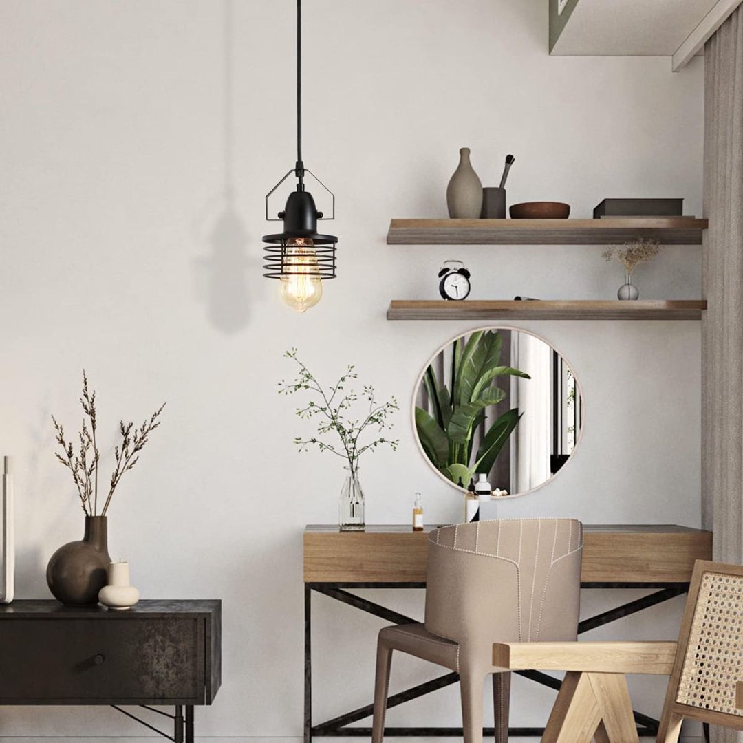 Industrial Black Pendant Light Metal Cage Pendant Lights Dining Room Hanging Lighting For Kitchen Island Living Room Bedroom Entryy Barn Farmhouse,Spring Shade,E26 Bulb1 Light