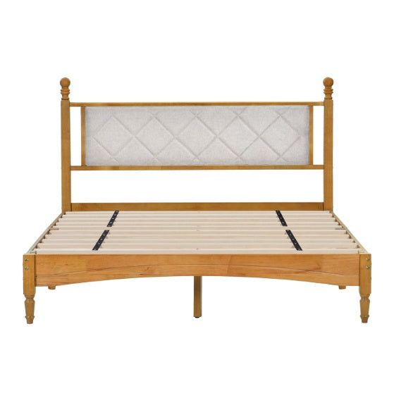 Queen Wood Bed Frame With Upholstered Headboard Wooden Bed