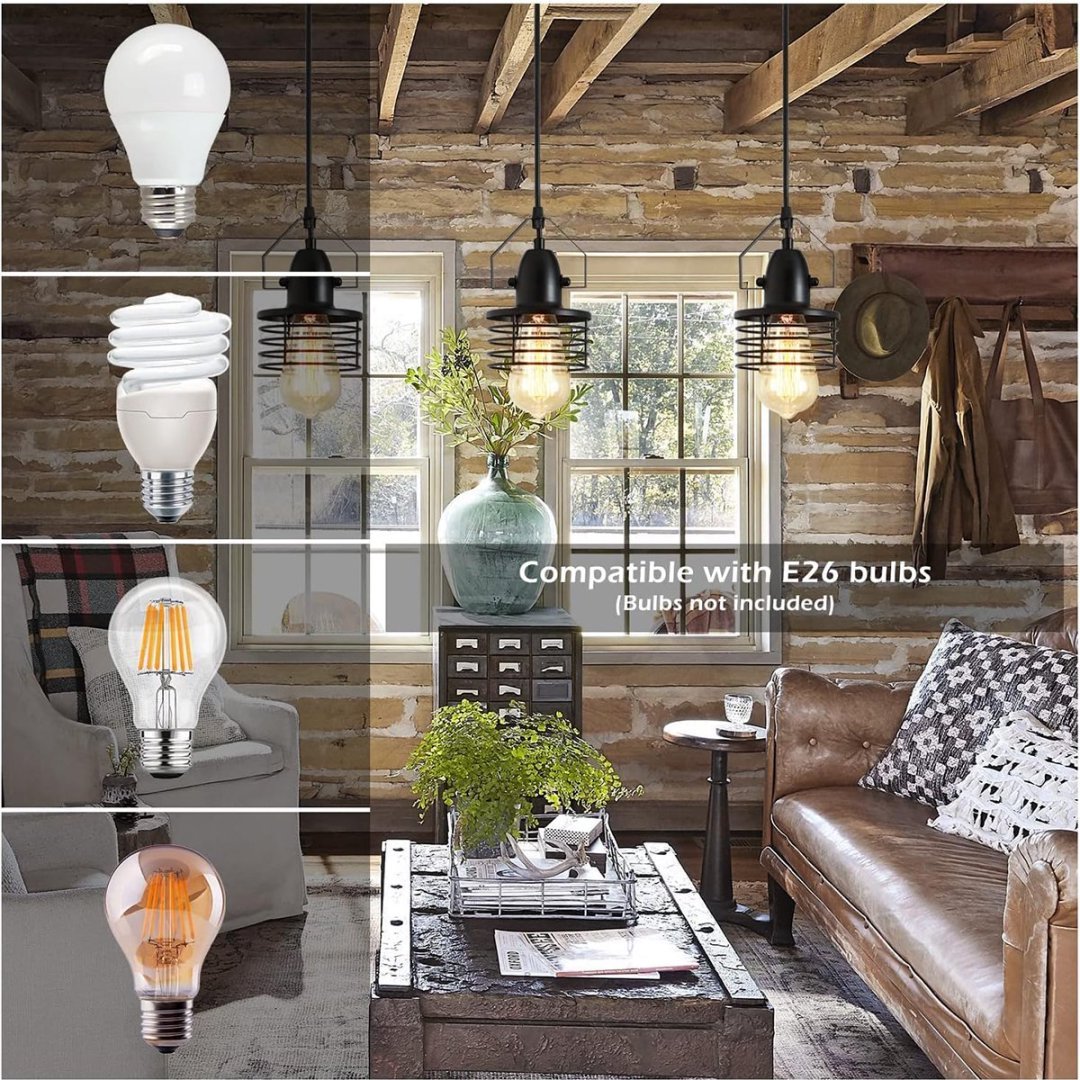 Industrial Black Pendant Light Metal Cage Pendant Lights Dining Room Hanging Lighting For Kitchen Island Living Room Bedroom Entryy Barn Farmhouse,Spring Shade,E26 Bulb1 Light